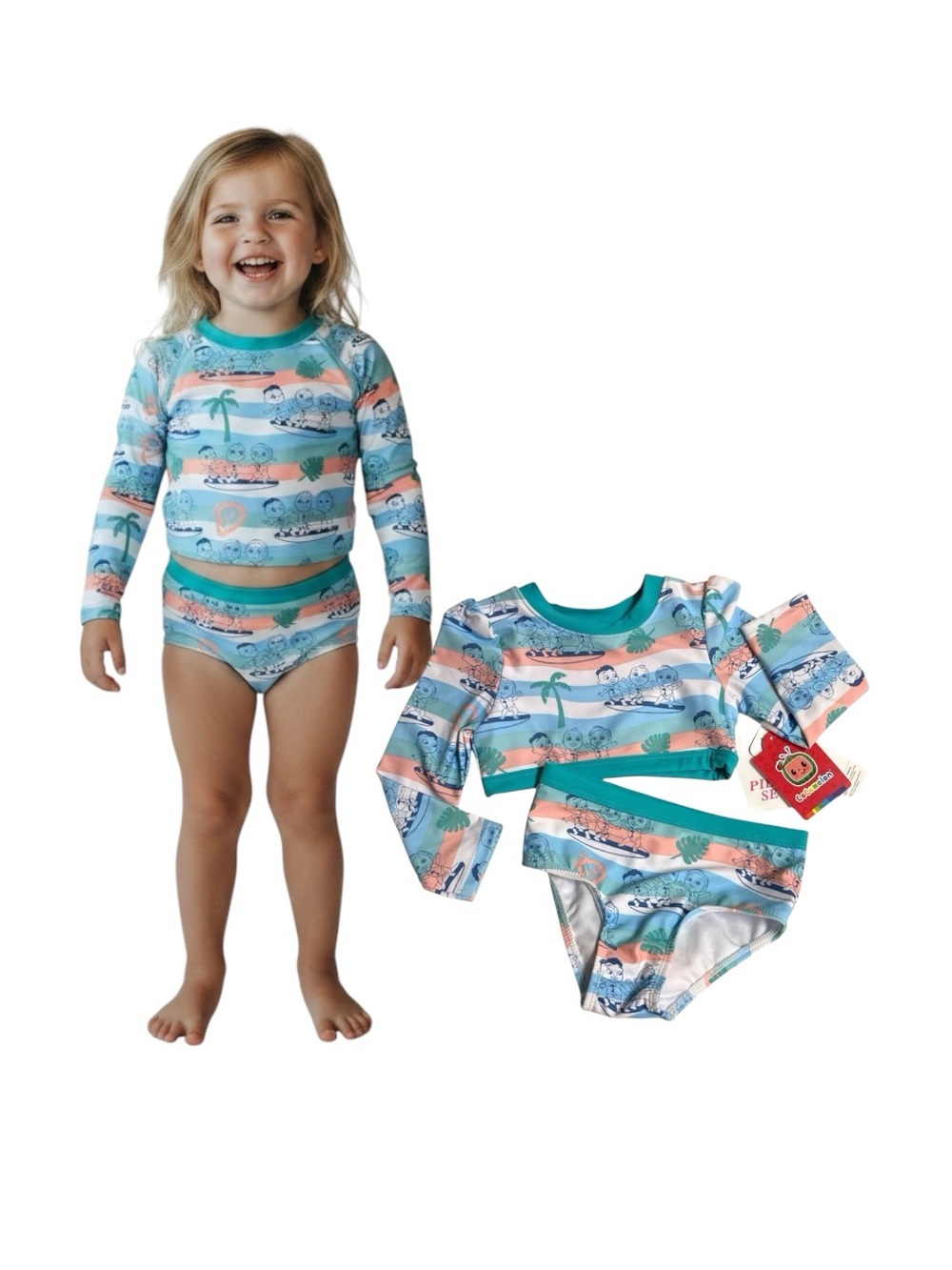 CoComelon Sporty White and Teal Rashguard Swim Set